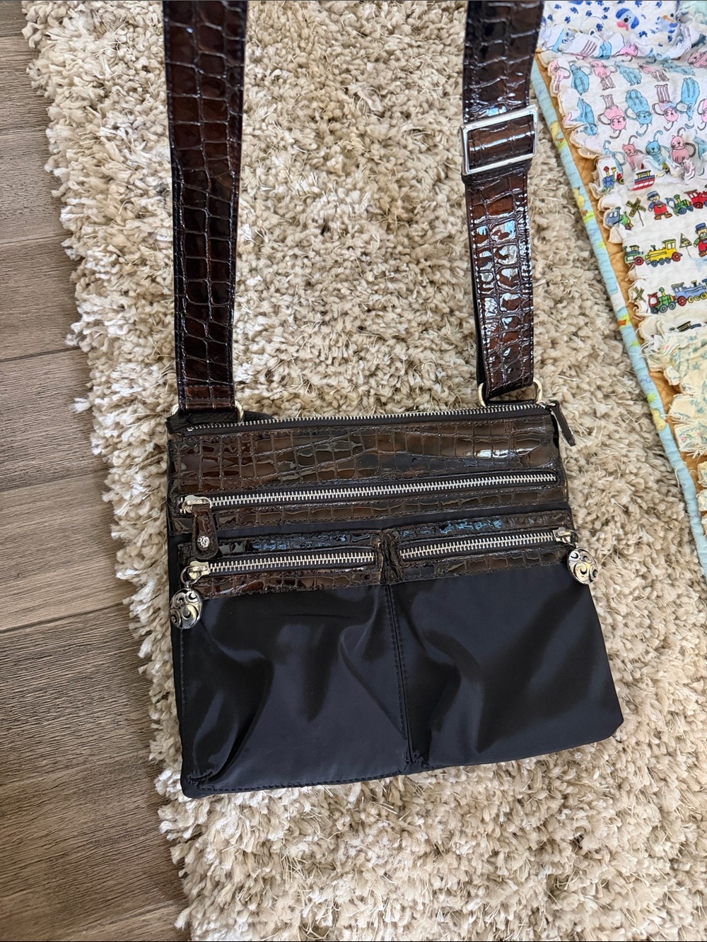 Brighton Black Nylon Crossbody with Brown Croc-Embossed Trim